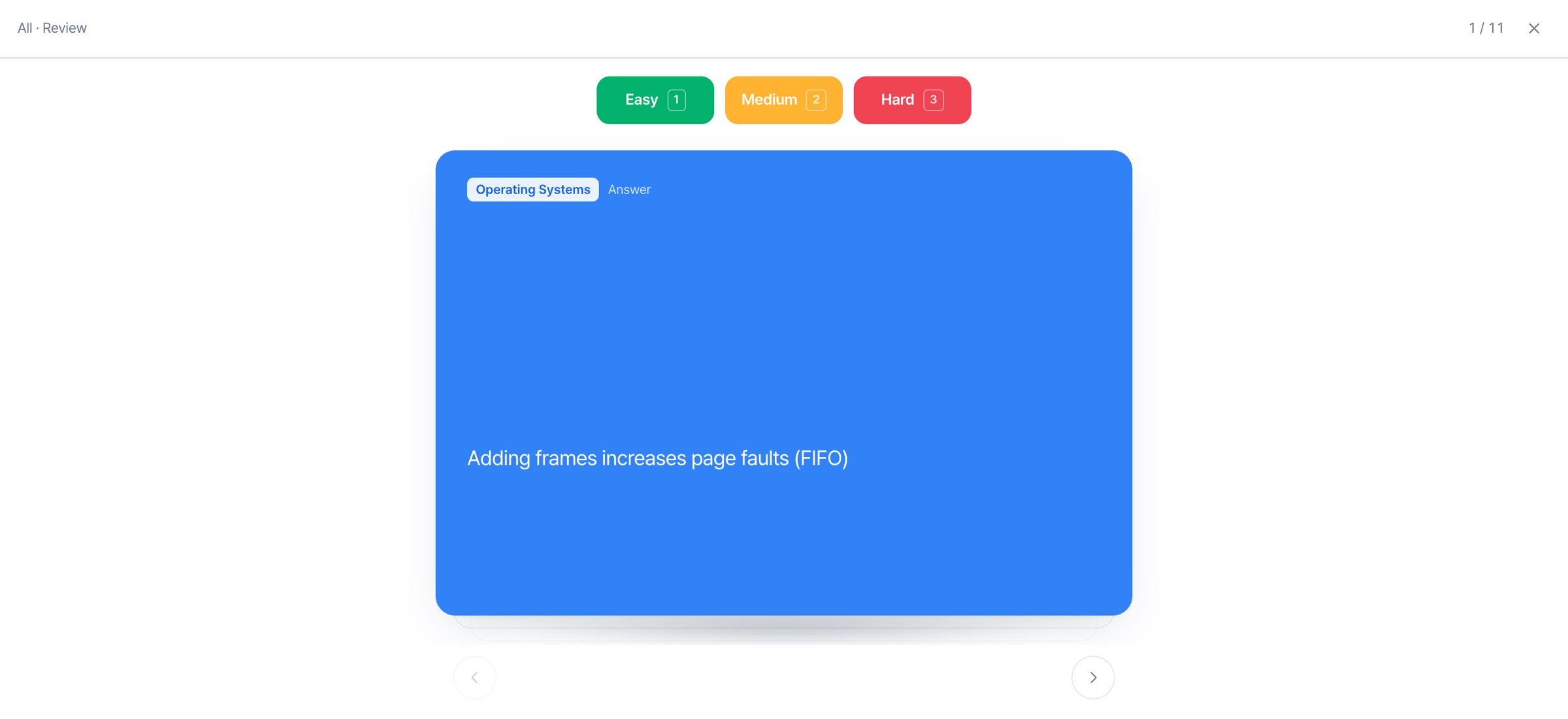 Flashcard review screen: answer side with Easy, Medium and Hard buttons