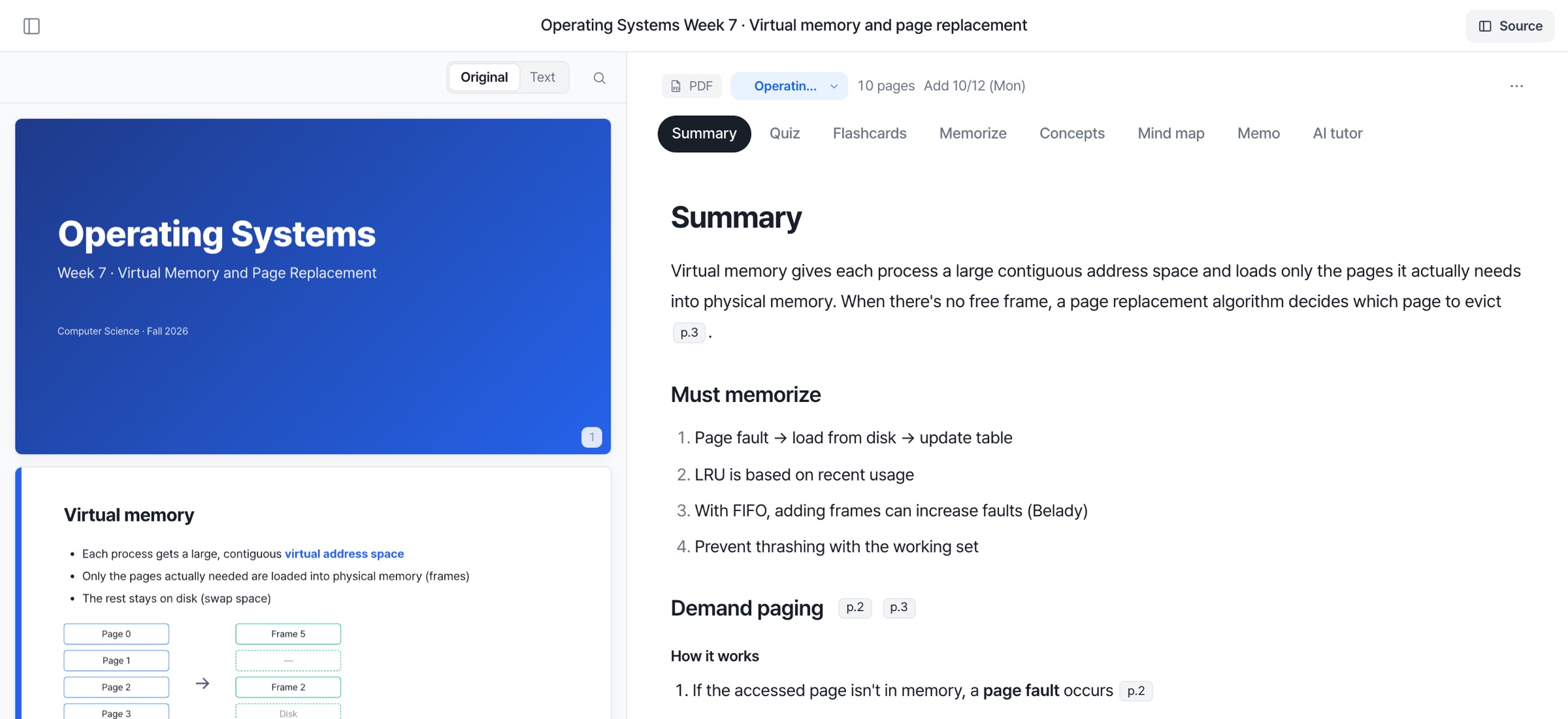 Summary screen: summary beside the source, must-memorize points and section notes