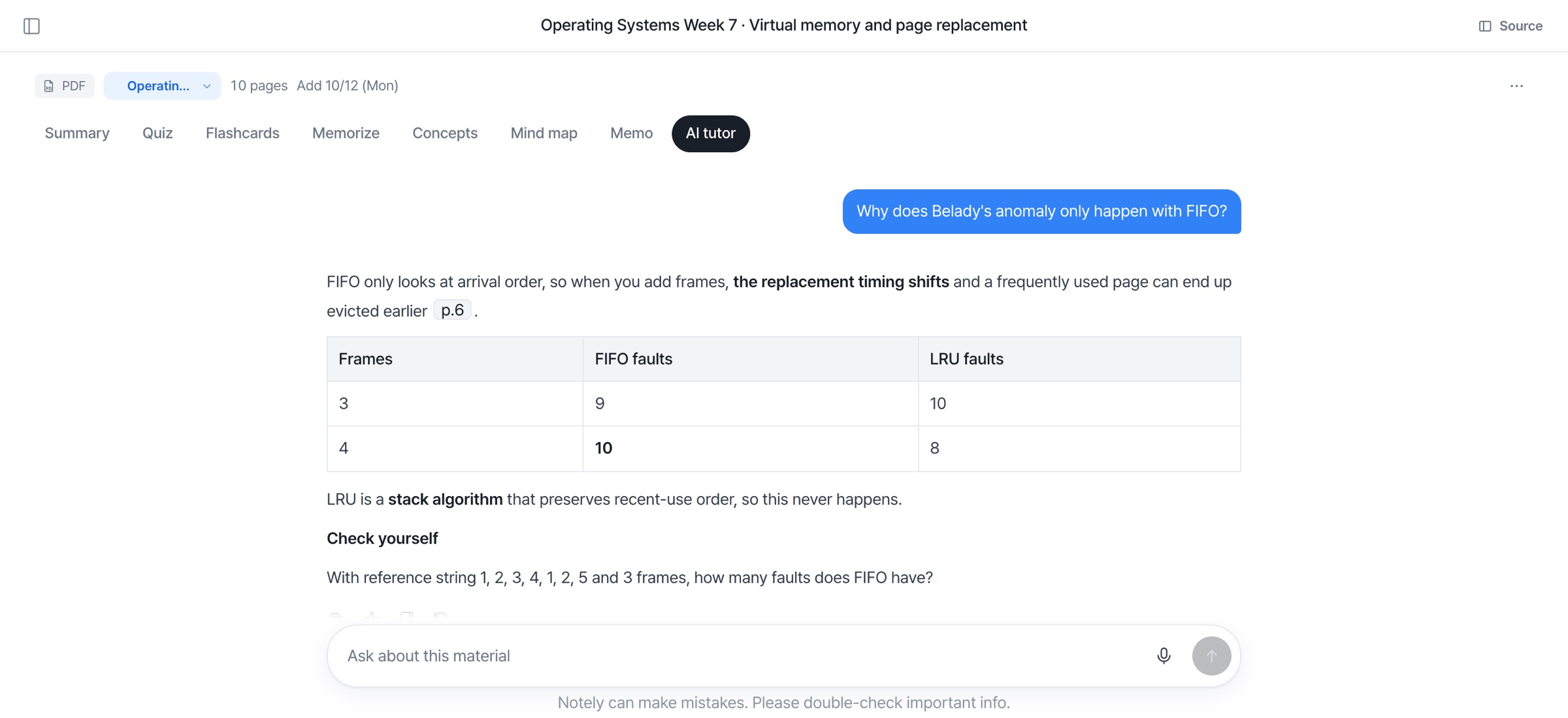 AI tutor screen: answer based on your materials with a comparison table