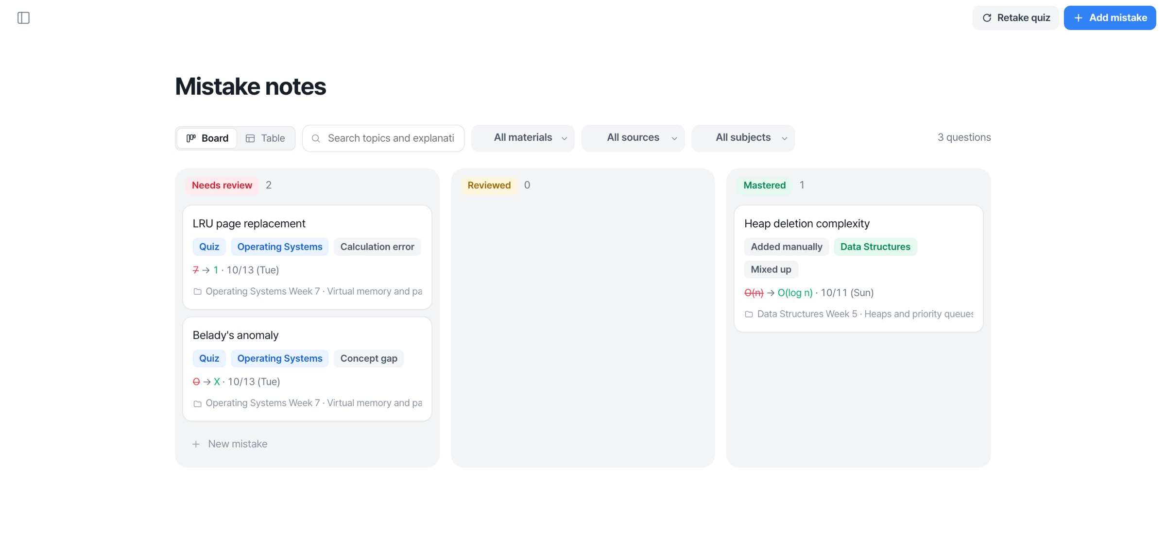 Mistake notes screen: Needs review, Reviewed and Mastered boards