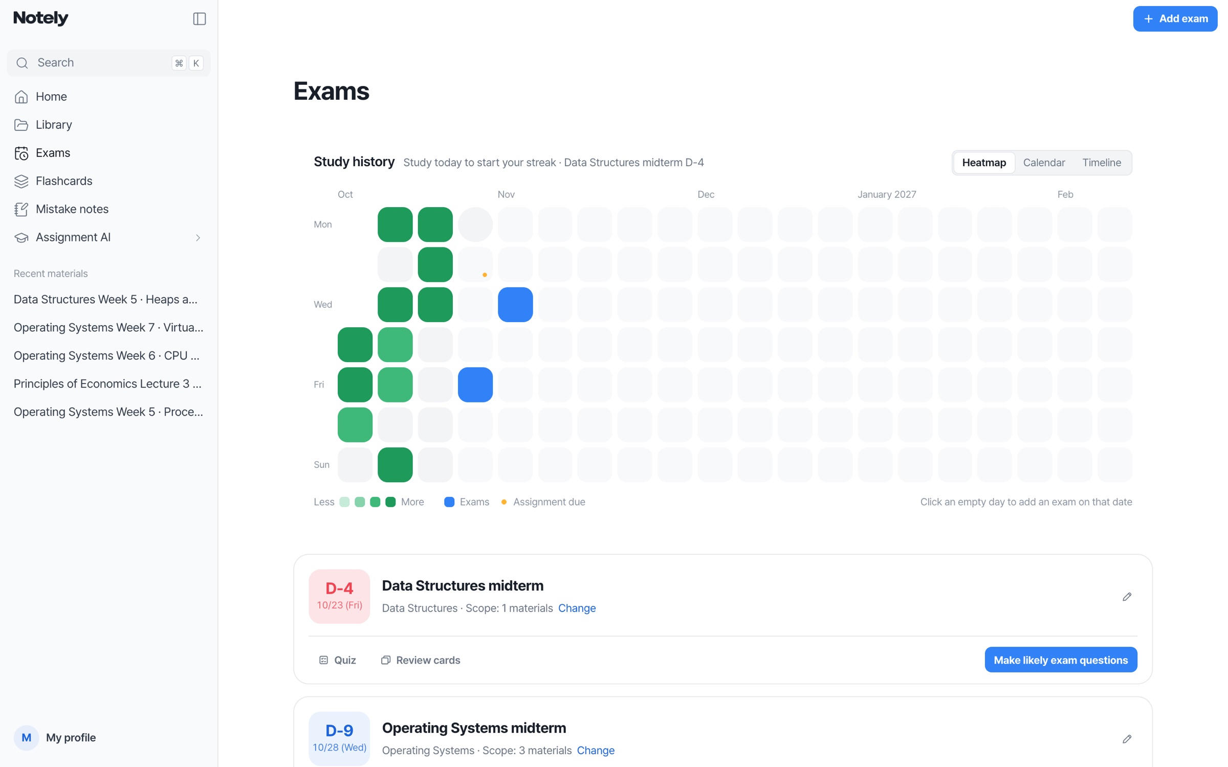 Exams screen